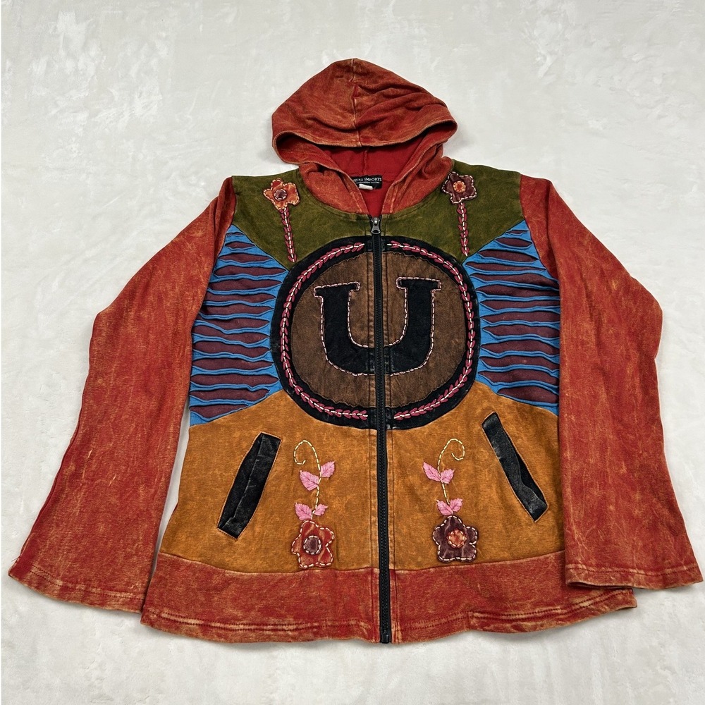 Lumbini Imports Zip Up Hoodie Womens XL Orange Patchwork Acid Wash Embroidered